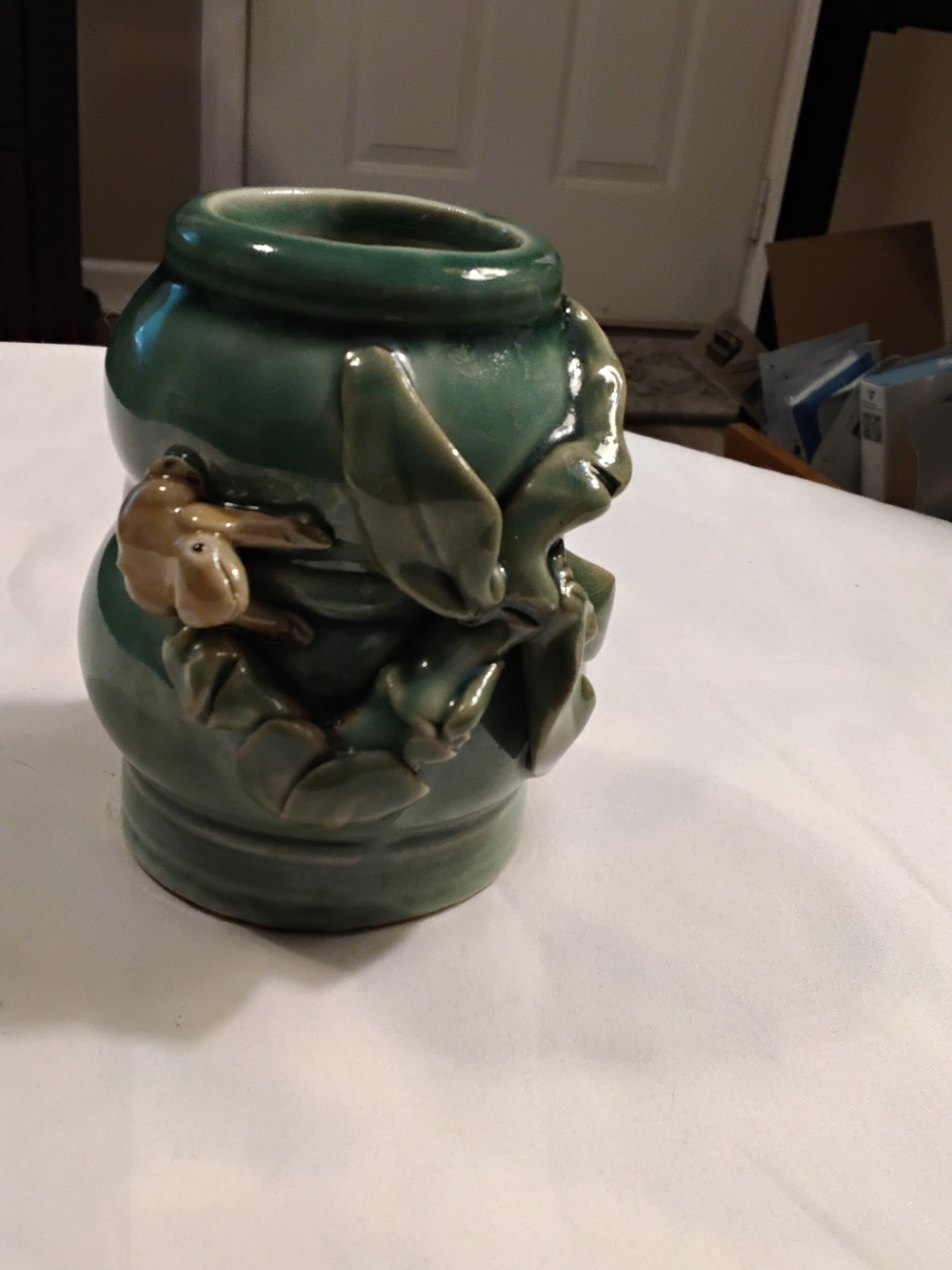MCM Majolica Style Frog and Bamboo Small Bud Vase